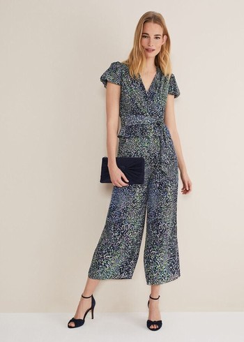 Phase Eight Leora Wrap Printed Plisse Jumpsuit Navy/Multicolor Australia | SV1907852